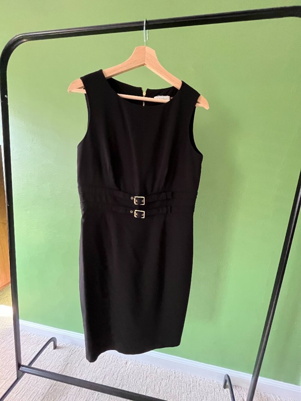 Calvin Klein Black Shift Dress with Gold Buckles